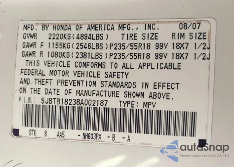 2008 Acura Rdx from USA, damaged, VIN 5J8TB18238A002187